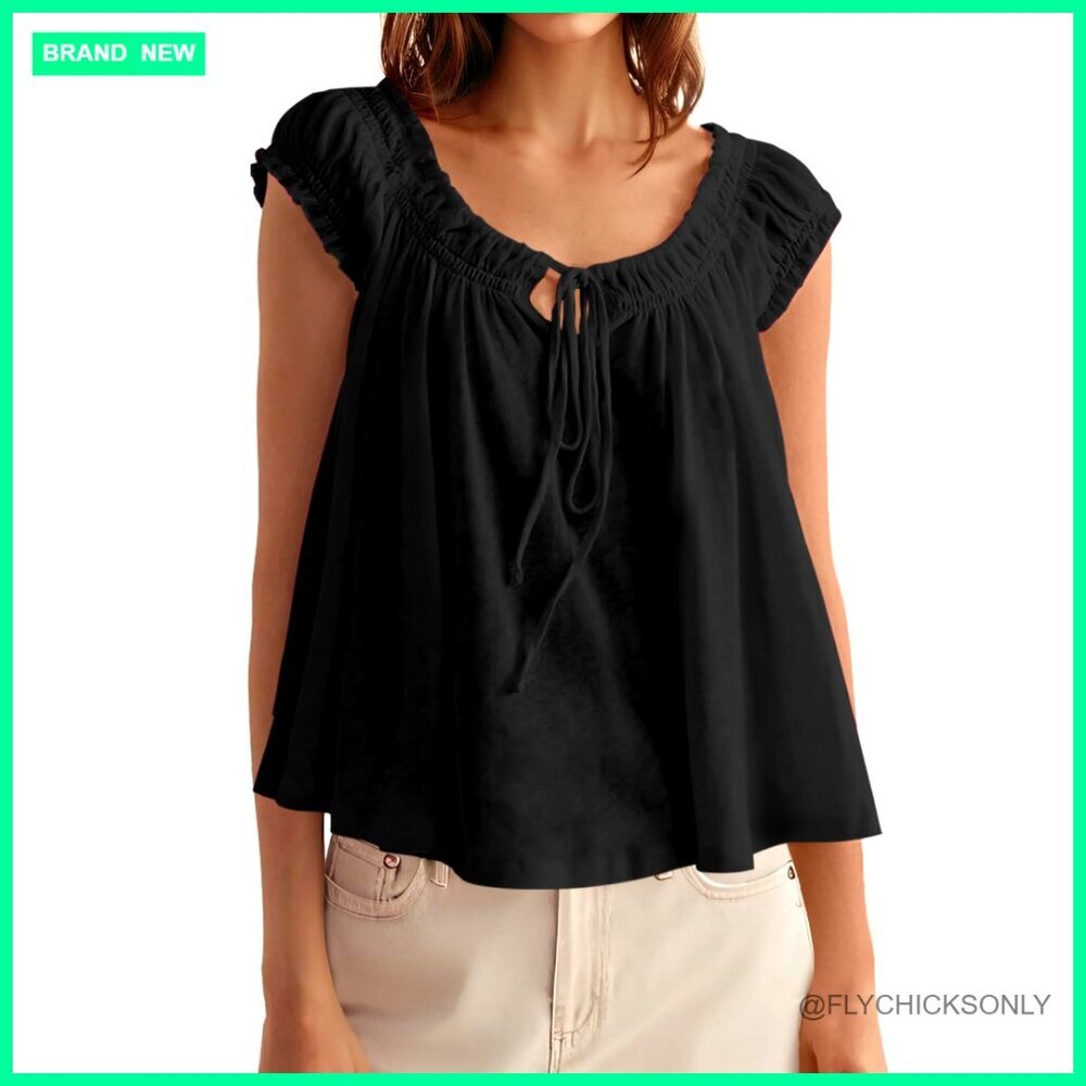 Tie Front Babydoll Top Cap Sleeve Pleated Loose Fit Casual Summer Tank